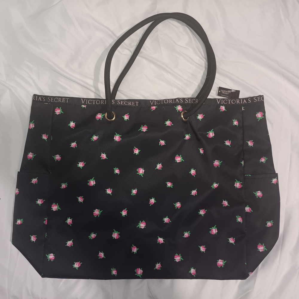 Victoria's Secret Black Tote with Pink Floral Accents